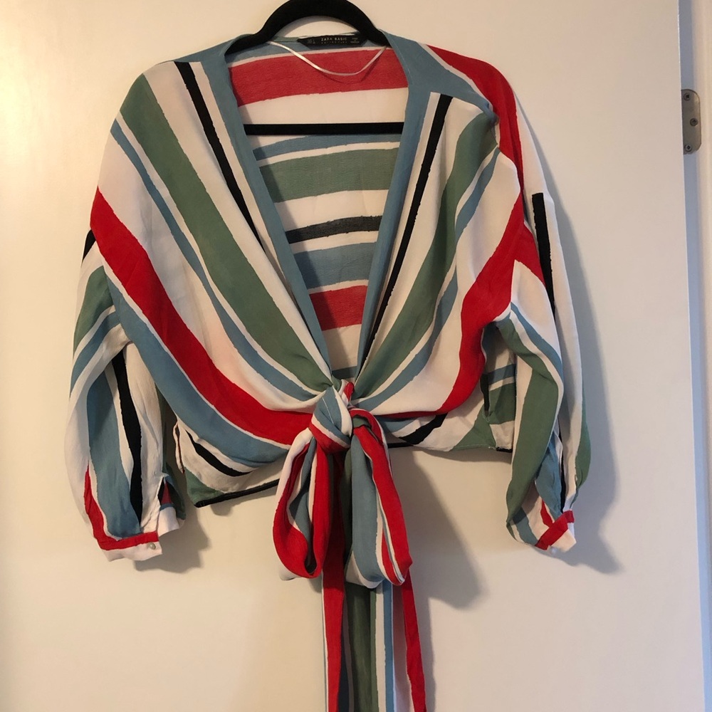 Zara Basic Wrap front Red and White Striped Top